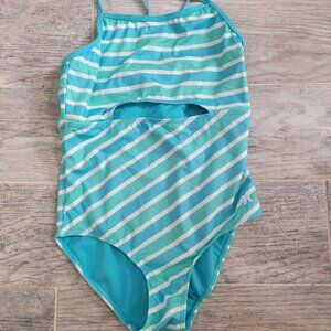 Hurley Swim Suit Girl's 10/12 One Piece Blue/Green Striped Swimwear NWOT